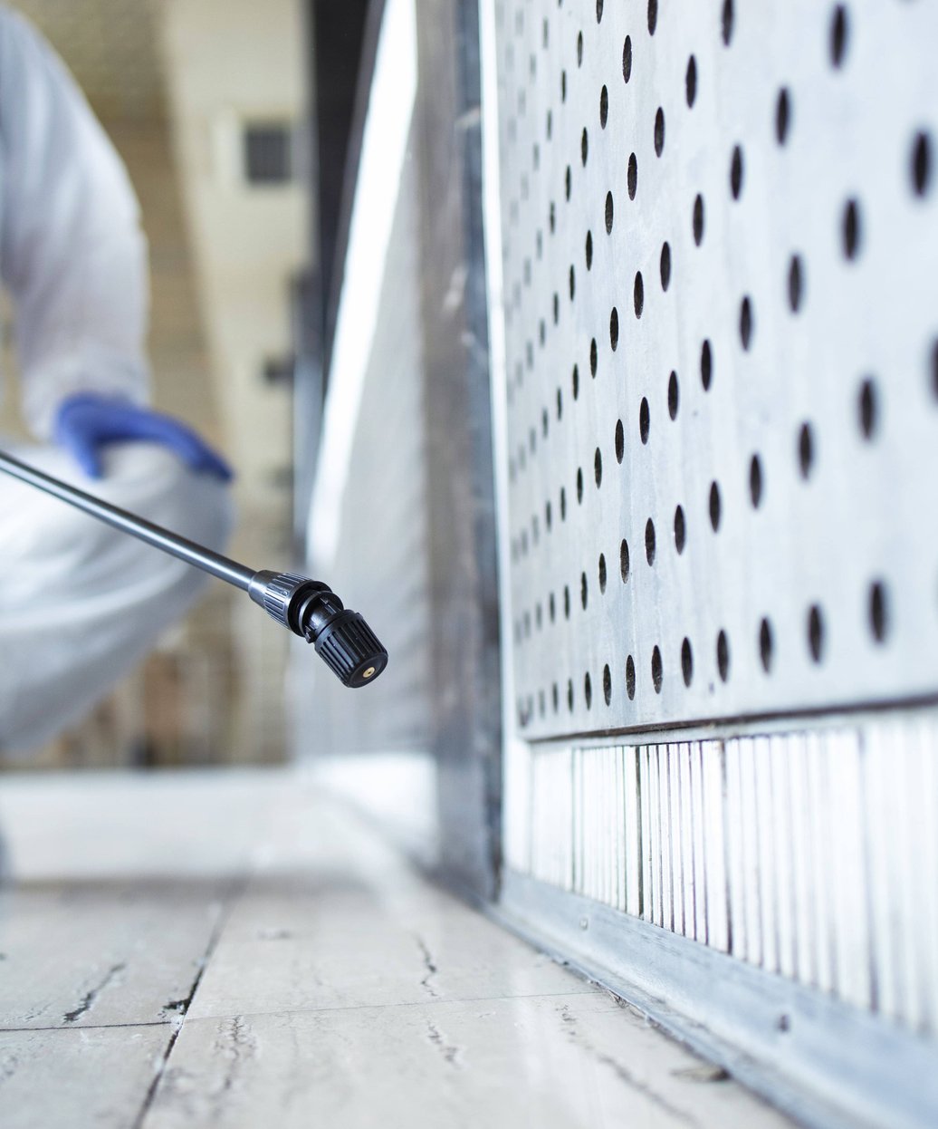 Pest control technician treating wall cavity