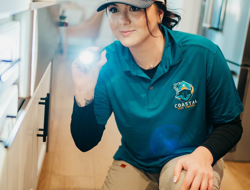 Close-up of pest control technician in white protective suit and blue gloves using precision
spray wand to treat metal ventilation grate with perforated holes along baseboard